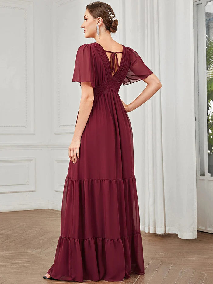 Wholesa Chiffon V-Neck Short Sleeve Vintage Prairie Tiered Maxi Maternity Bridesmaid Dress