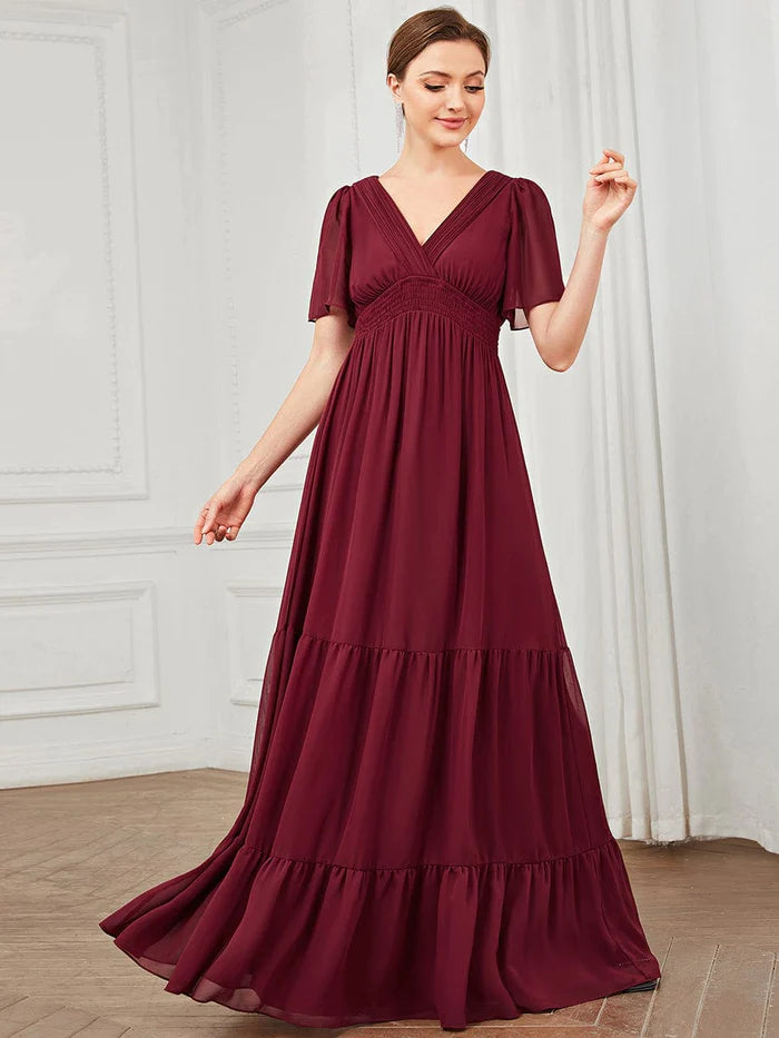 Wholesa Chiffon V-Neck Short Sleeve Vintage Prairie Tiered Maxi Maternity Bridesmaid Dress