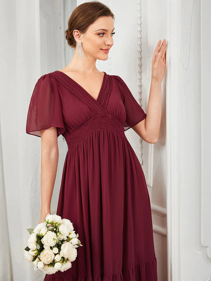 Wholesa Chiffon V-Neck Short Sleeve Vintage Prairie Tiered Maxi Maternity Bridesmaid Dress