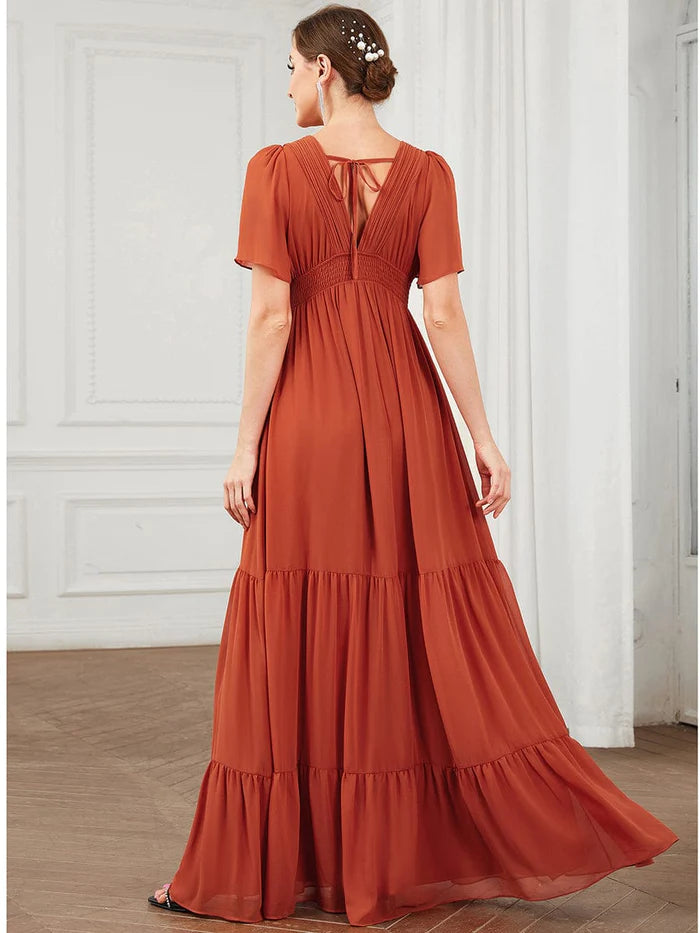 Wholesa Chiffon V-Neck Short Sleeve Vintage Prairie Tiered Maxi Maternity Bridesmaid Dress