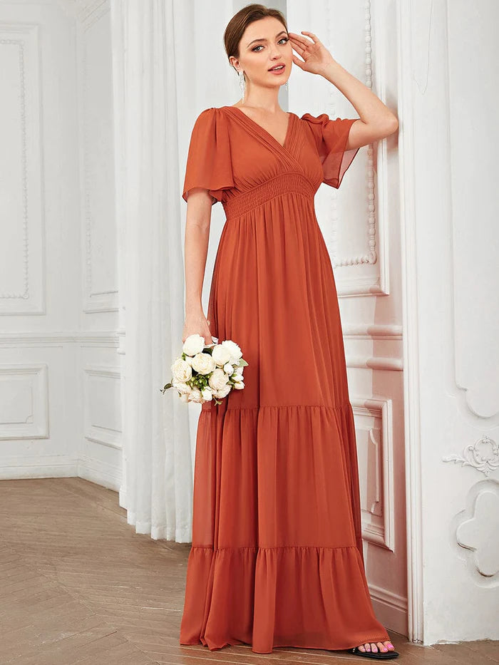 Wholesa Chiffon V-Neck Short Sleeve Vintage Prairie Tiered Maxi Maternity Bridesmaid Dress