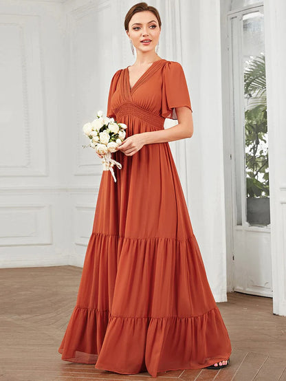 Wholesa Chiffon V-Neck Short Sleeve Vintage Prairie Tiered Maxi Maternity Bridesmaid Dress