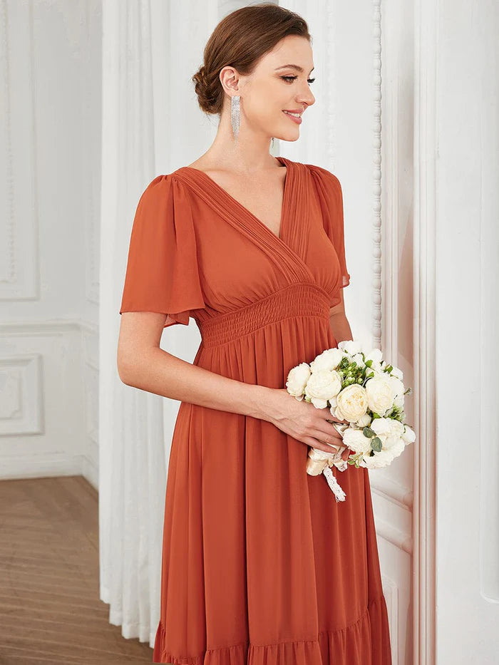 Wholesa Chiffon V-Neck Short Sleeve Vintage Prairie Tiered Maxi Maternity Bridesmaid Dress