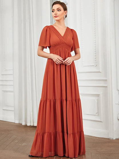 Wholesa Chiffon V-Neck Short Sleeve Vintage Prairie Tiered Maxi Maternity Bridesmaid Dress