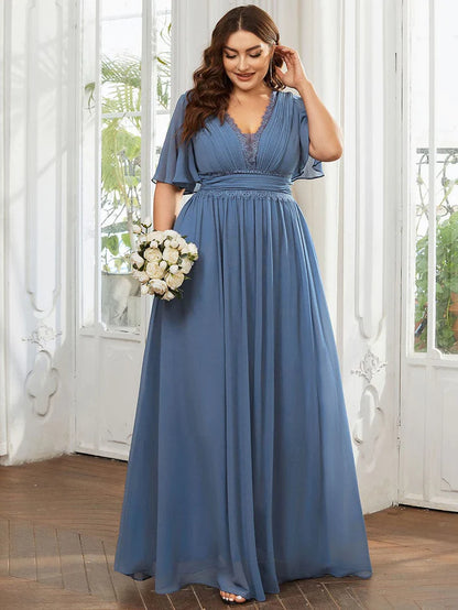 Wholesa Flutter Short Sleeve Lace A-Line Pleated Chiffon Bridesmaid Dress