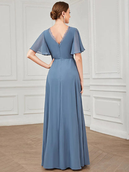 Wholesa Flutter Short Sleeve Lace A-Line Pleated Chiffon Bridesmaid Dress