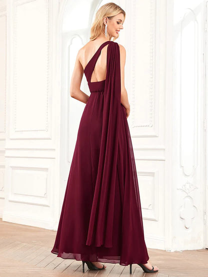 Wholesa A-Line Asymmetrical Sleeve Chiffon Pleated Bridesmaid Dress