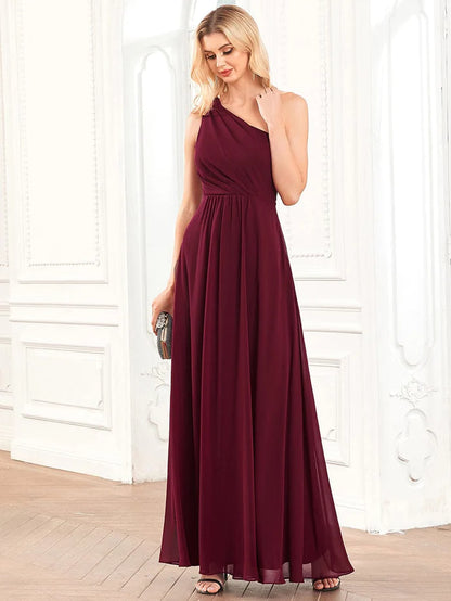 Wholesa A-Line Asymmetrical Sleeve Chiffon Pleated Bridesmaid Dress