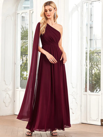 Wholesa A-Line Asymmetrical Sleeve Chiffon Pleated Bridesmaid Dress