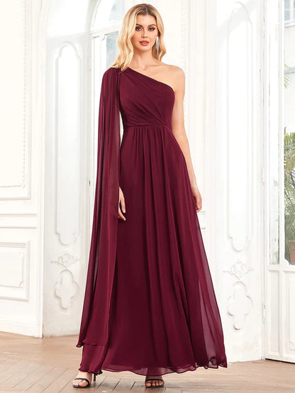 Wholesa A-Line Asymmetrical Sleeve Chiffon Pleated Bridesmaid Dress