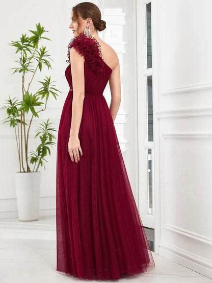 Wholesa Ruffled One Shoulder Sequin Waist A-Line Tulle Bridesmaid Dress