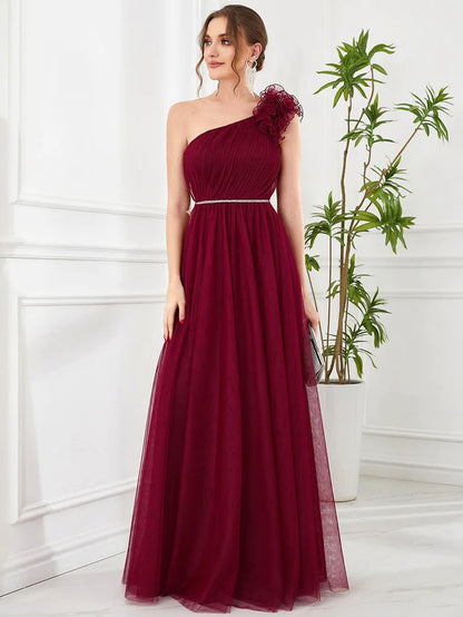 Wholesa Ruffled One Shoulder Sequin Waist A-Line Tulle Bridesmaid Dress