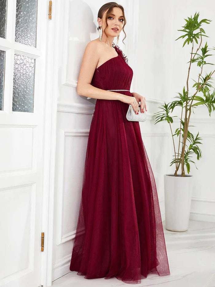 Wholesa Ruffled One Shoulder Sequin Waist A-Line Tulle Bridesmaid Dress