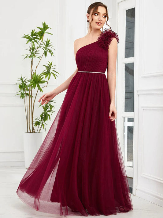 Wholesa Ruffled One Shoulder Sequin Waist A-Line Tulle Bridesmaid Dress