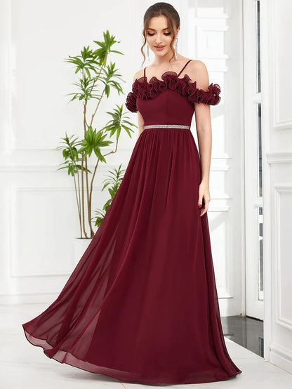 Wholesa Cold Shoulder Ruffled Sequin Waist A-Line Chiffon Bridesmaid Dress