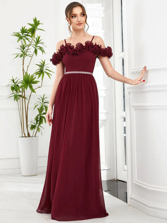 Wholesa Cold Shoulder Ruffled Sequin Waist A-Line Chiffon Bridesmaid Dress