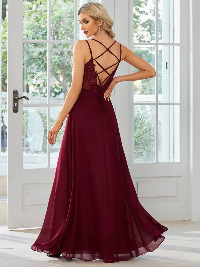 Wholesa Chiffon and Lace Open Back Bridesmaid Dress with Spaghetti Straps