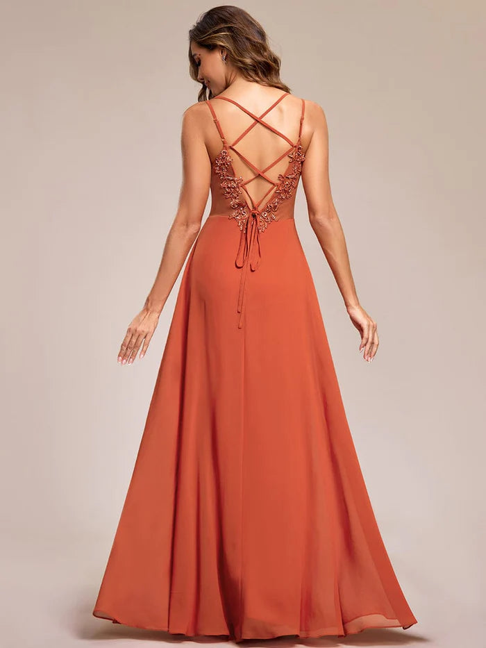 Wholesa Chiffon and Lace Open Back Bridesmaid Dress with Spaghetti Straps