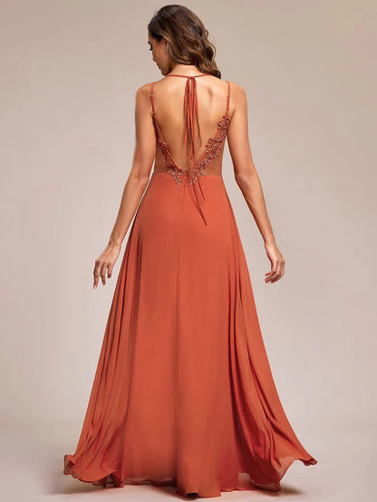 Wholesa Convertible Chiffon Lace Open Back Spaghetti Straps Bridesmaid Dress