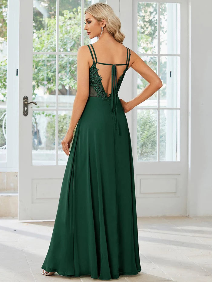 Wholesa Chiffon and Lace Open Back Bridesmaid Dress with Spaghetti Straps