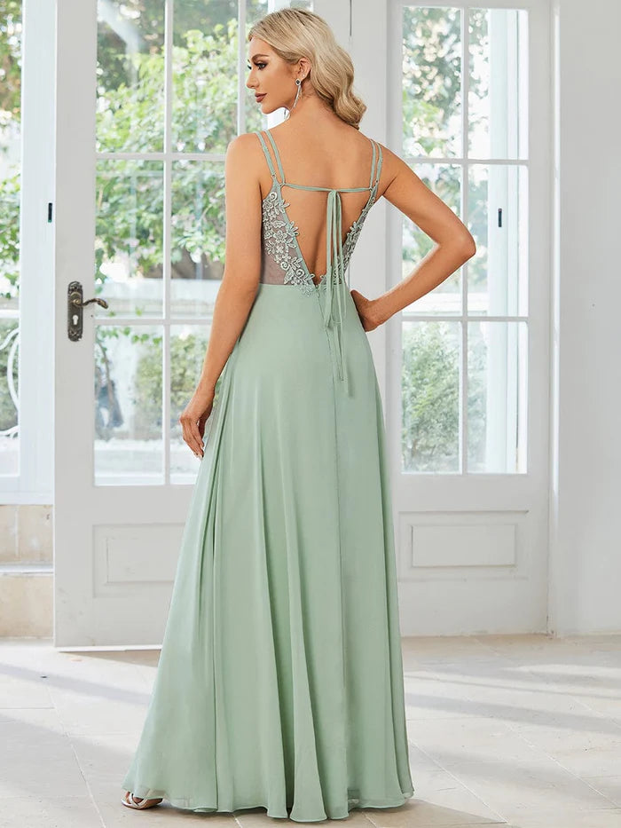 Wholesa Chiffon and Lace Open Back Bridesmaid Dress with Spaghetti Straps