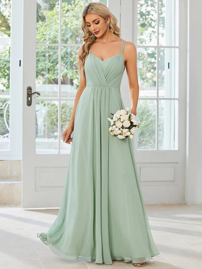 Wholesa Chiffon and Lace Open Back Bridesmaid Dress with Spaghetti Straps