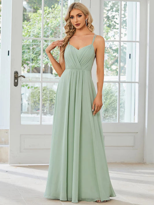 Wholesa Chiffon and Lace Open Back Bridesmaid Dress with Spaghetti Straps