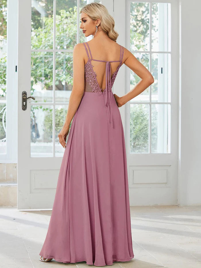 Wholesa Convertible Chiffon Lace Open Back Spaghetti Straps Bridesmaid Dress