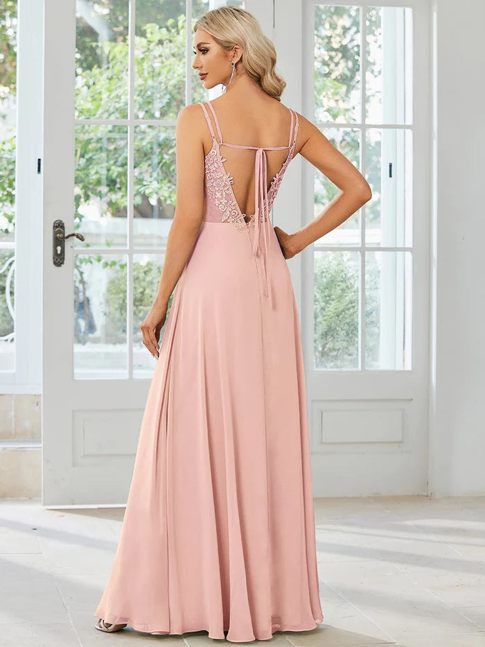 Wholesa Chiffon and Lace Open Back Bridesmaid Dress with Spaghetti Straps