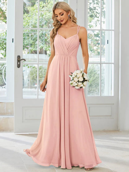 Wholesa Chiffon and Lace Open Back Bridesmaid Dress with Spaghetti Straps