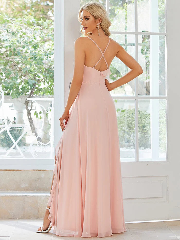 Wholesa Front Slit Sweetheart Crossed Back Tie Chiffon Bridesmaid Dress