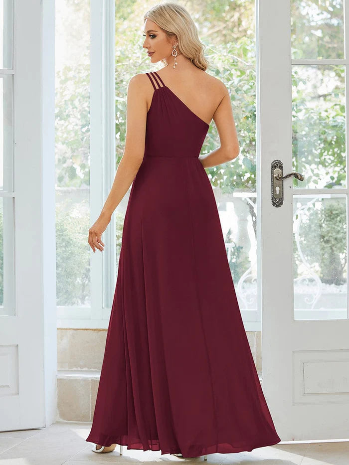 Wholesa Custom Size Flowy Chiffon One-Shoulder Bridesmaid Dress with Spaghetti Strap