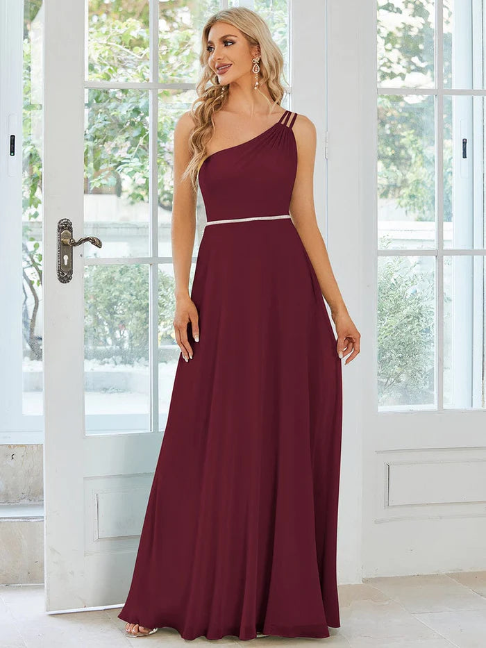 Wholesa Custom Size Flowy Chiffon One-Shoulder Bridesmaid Dress with Spaghetti Strap