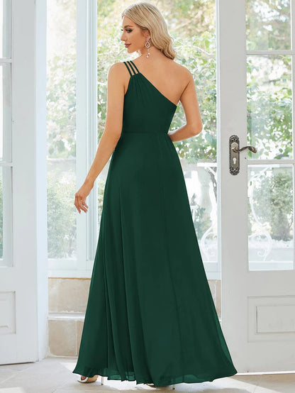 Wholesa Custom Size Flowy Chiffon One-Shoulder Bridesmaid Dress with Spaghetti Strap