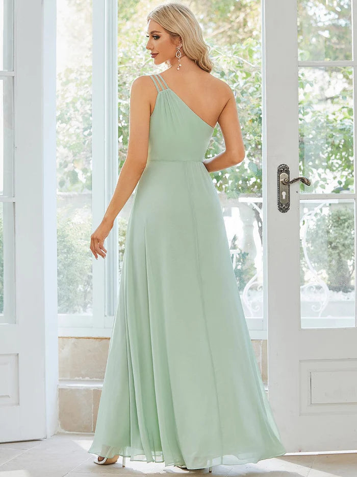 Wholesa Custom Size Flowy Chiffon One-Shoulder Bridesmaid Dress with Spaghetti Strap