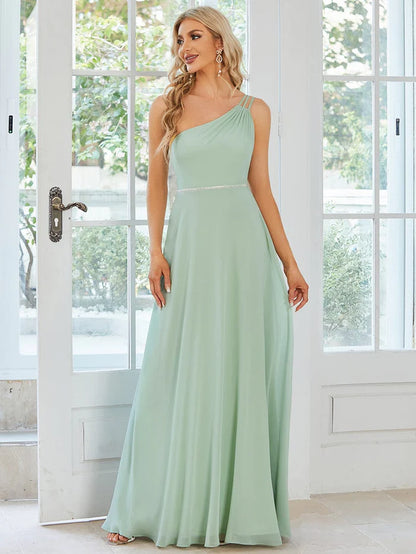 Wholesa Custom Size Flowy Chiffon One-Shoulder Bridesmaid Dress with Spaghetti Strap