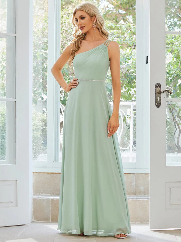 Wholesa Custom Size Flowy Chiffon One-Shoulder Bridesmaid Dress with Spaghetti Strap