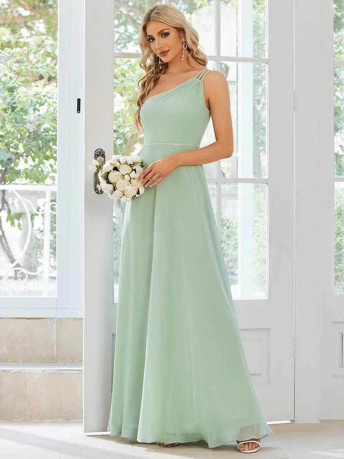 Wholesa Custom Size Flowy Chiffon One-Shoulder Bridesmaid Dress with Spaghetti Strap