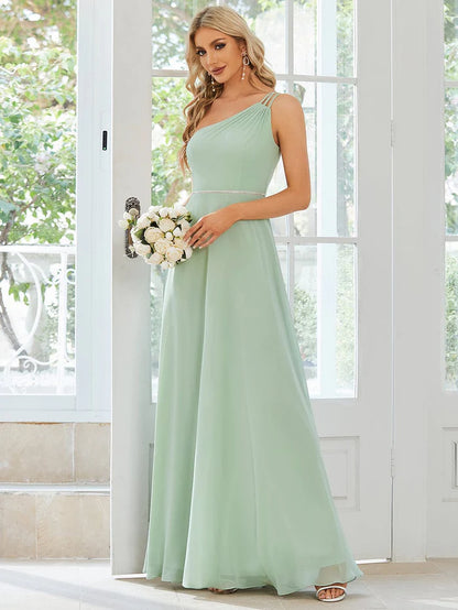 Wholesa Custom Size Flowy Chiffon One-Shoulder Bridesmaid Dress with Spaghetti Strap