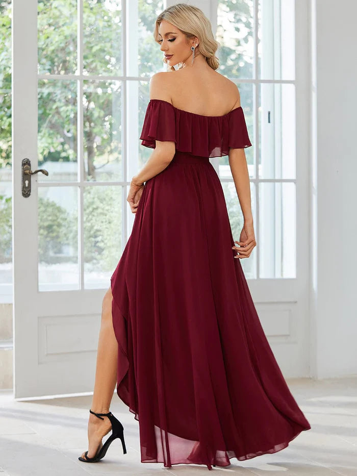 Wholesa Elegant Chiffon High-Low Off The Shoulder Bridesmaid Dress