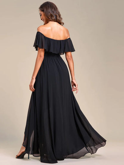 Wholesa Elegant Chiffon High-Low Off The Shoulder Bridesmaid Dress