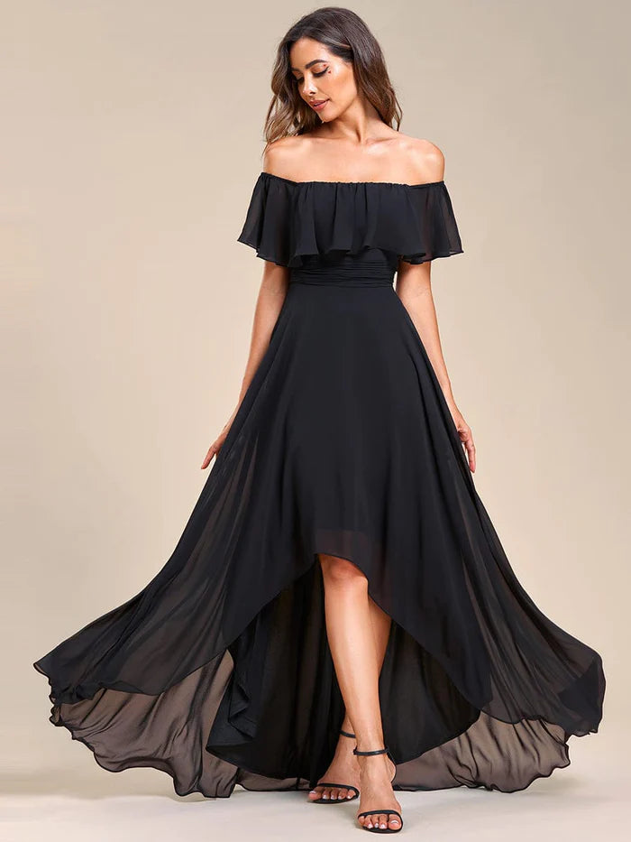 Wholesa Elegant Chiffon High-Low Off The Shoulder Bridesmaid Dress