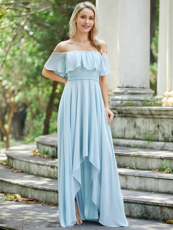 Wholesa Elegant Chiffon High-Low Off The Shoulder Bridesmaid Dress