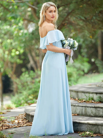 Wholesa Elegant Chiffon High-Low Off The Shoulder Bridesmaid Dress