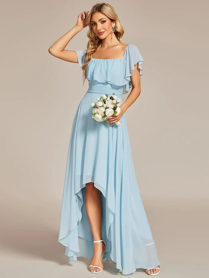 Wholesa Elegant Chiffon High-Low Off The Shoulder Bridesmaid Dress