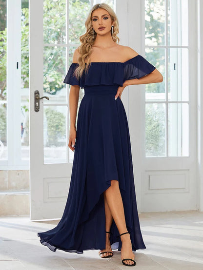 Wholesa Elegant Chiffon High-Low Off The Shoulder Bridesmaid Dress