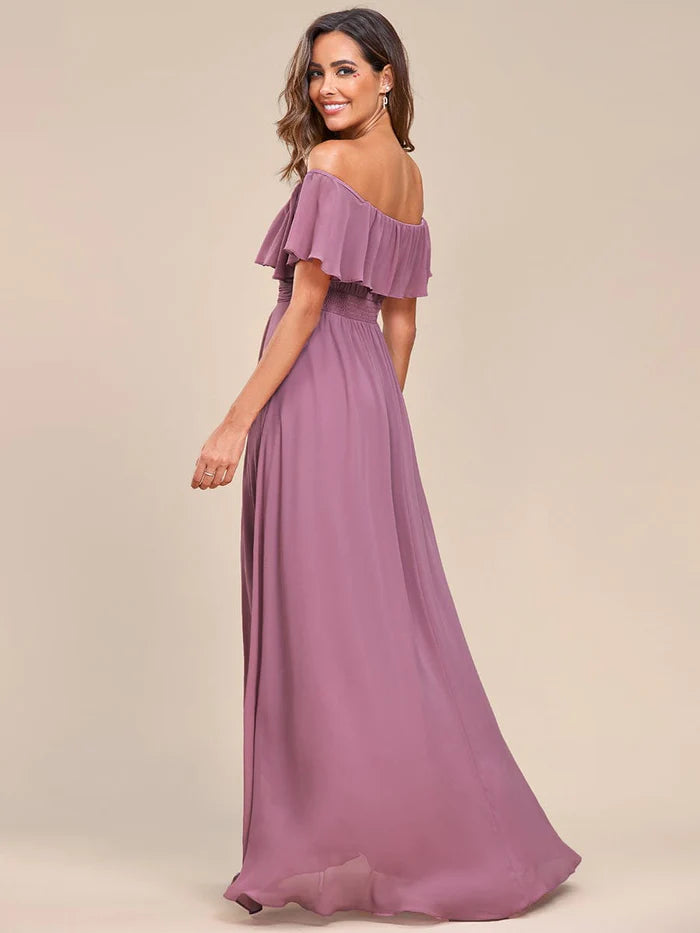 Wholesa Elegant Chiffon High-Low Off The Shoulder Bridesmaid Dress