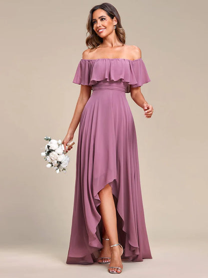 Wholesa Elegant Chiffon High-Low Off The Shoulder Bridesmaid Dress