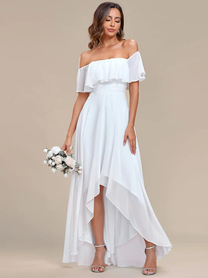 Wholesa Elegant Chiffon High-Low Off The Shoulder Bridesmaid Dress