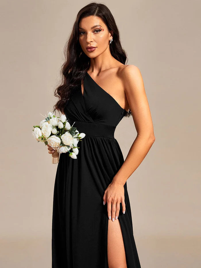 Wholesa One-Shoulder Hollow Out A-line Bridesmaid Dress with High Slit